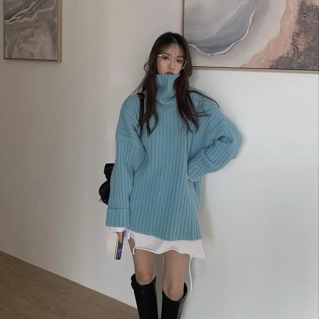 

Blue Oversized Thick Turtleneck Sweater Women 2021 Korean fashion Knitted Pullover Female Comfort Simple Loose Casual Top New