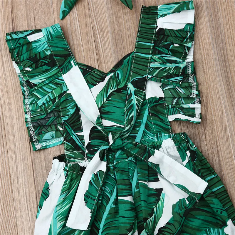 2pcs Baby Rompers Set Sleeveless Green Leaves Print Girls Outfits Toddler Hair Accessories Clothes | Детская одежда и обувь