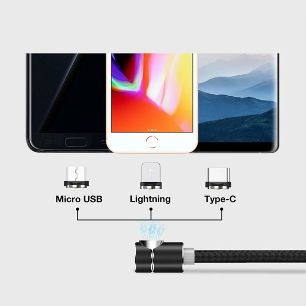 Магнитный USB-кабель 90 градусов светодиодный кабель для IPhone USB Type C 3A быстрой