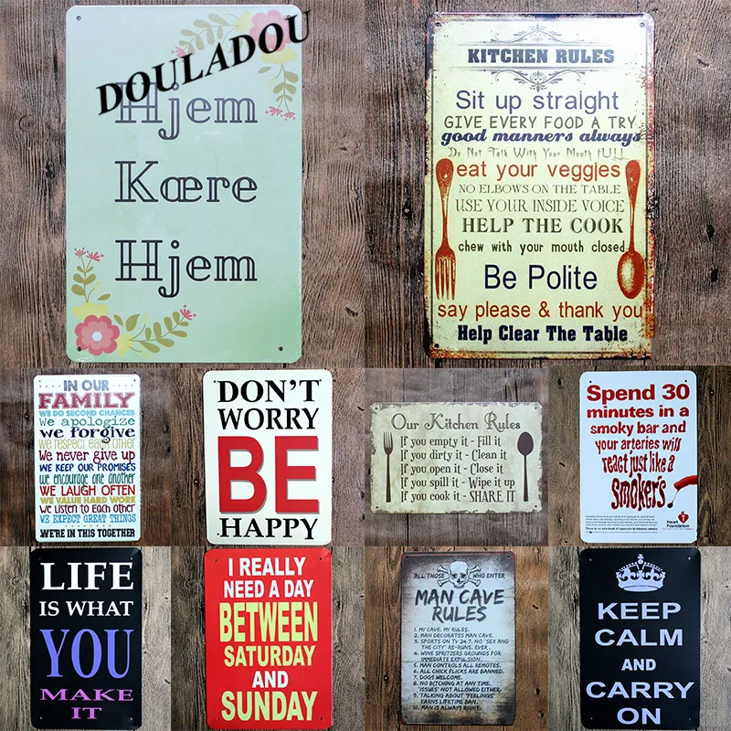 

[Douladou] Family Rules Kitchen Rules Plate Vintage Embossed Metal Tin Signs Retro Plaque Poster Bar Pub Wall Decoration 30*20CM