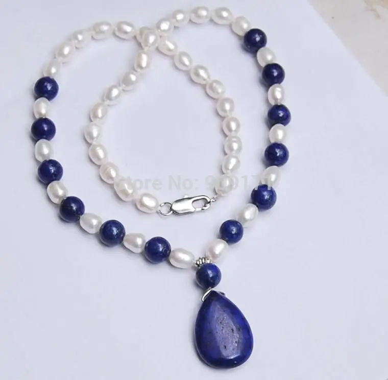 

>>Natural 7-8MM White Akoya Pearl / Lapis Lazuli Pendant Necklace 18" AA