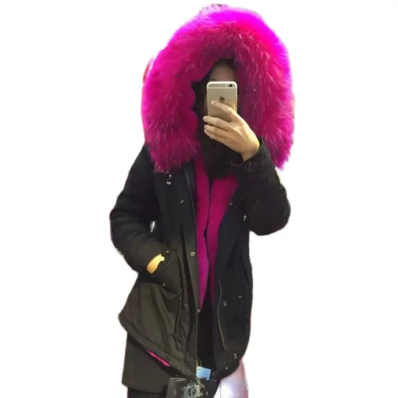 Горячий розовый воротник из натурального енота Зимняя Толстая меховая одежда Mr