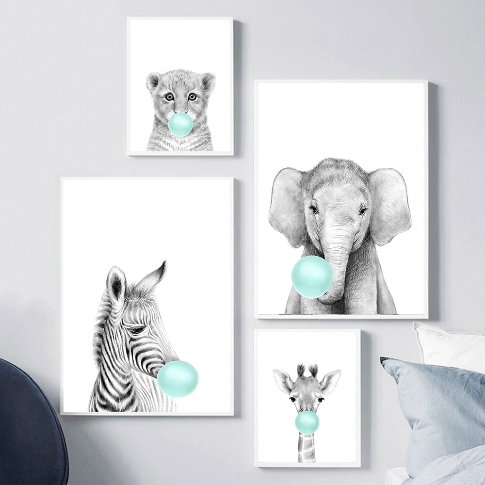 

Teal Bubble Elephant Giraffe Child Poster Animal Wall Art Canvas Baby Room Decoration Picture Nursery Print Painting Nordic Kid