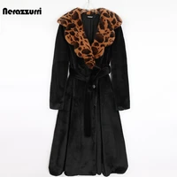 nerazzurri winter long warm skirted fluffy black faux fur coat women with leopard print collar elegant luxury retro fashion 2021