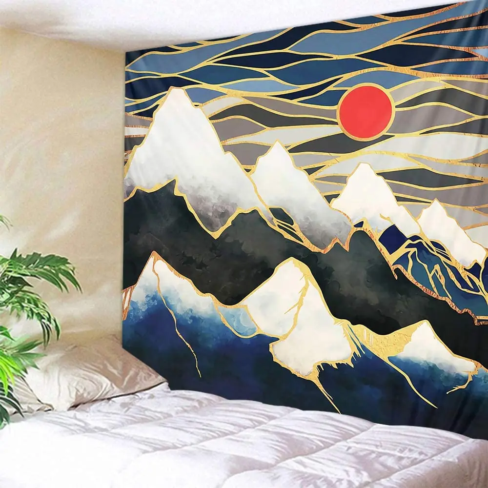 

Mountain Wall Hanging Sunset Golden Edge Black White Blue Tapestry Wall Decor For Livingroom Bedroom Home Apartment Decoration