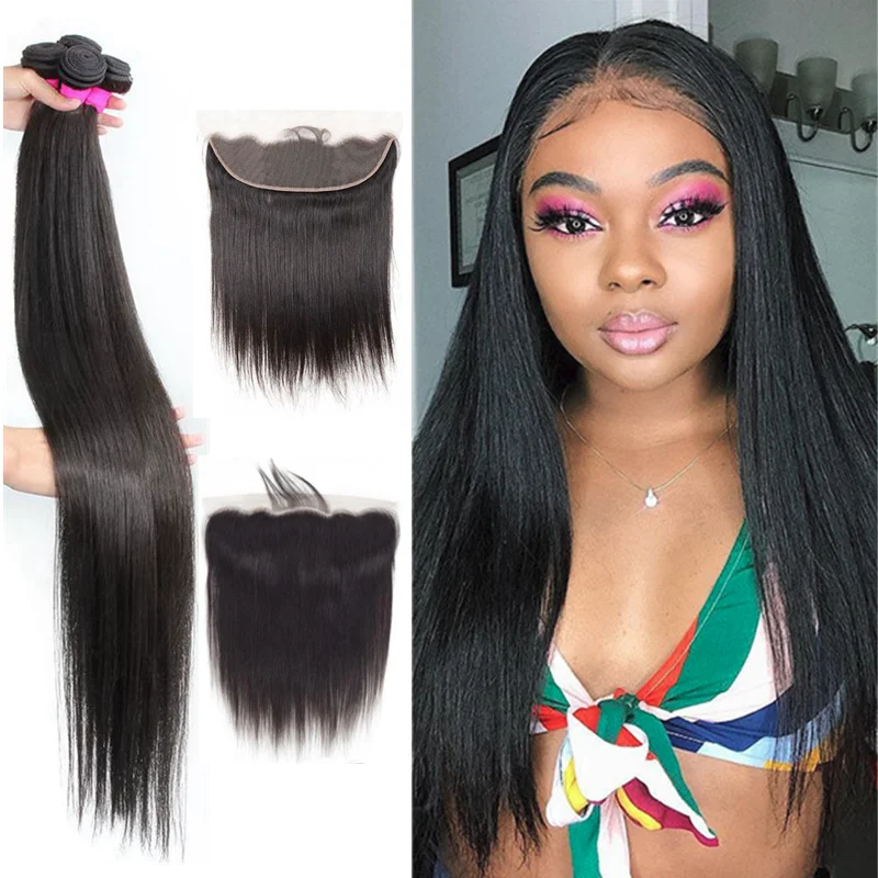 Aprilvenn Hair 26 28 Inch Brazilian Straight Human Hair Weave Bundles With Closure 13x4 Lace Frontal With 3 4 Bundles Remy Hair