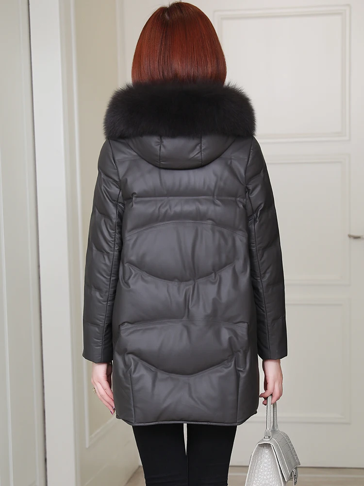 

2020 winter new Haining leather coat women's medium and long sheepskin down jacket hooded fur coat