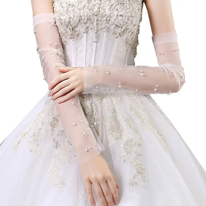

2020 Новые Свадебные Длинные перчатки без пальцев с жемчугом и бусинами, прозрачные анти-УФ Свадебные манжеты на рукавах