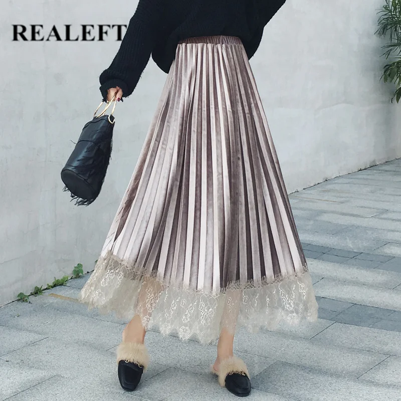 REALEFT осень-зима Для женщин элегантные кружевные Лоскутные Бархатные длинные