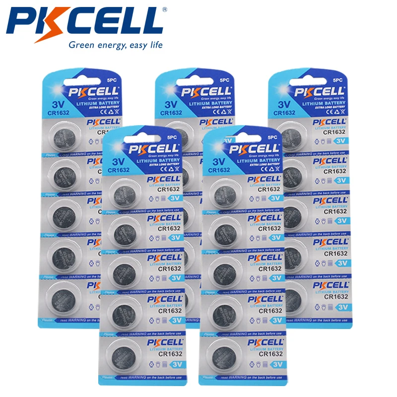 Pilas de litio de 3V, 25 unidades x 5 tarjetas (5 unidades/tarjeta) PKCELL CR1632 1632 DL1632