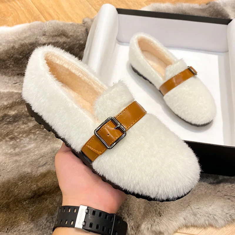 

Fur Flats Shoes Women Big Size Buckle Loafers Winter Fleece Slip on Shoes Shallow Furry Slides Casual Comfortable Zapatos Mujer