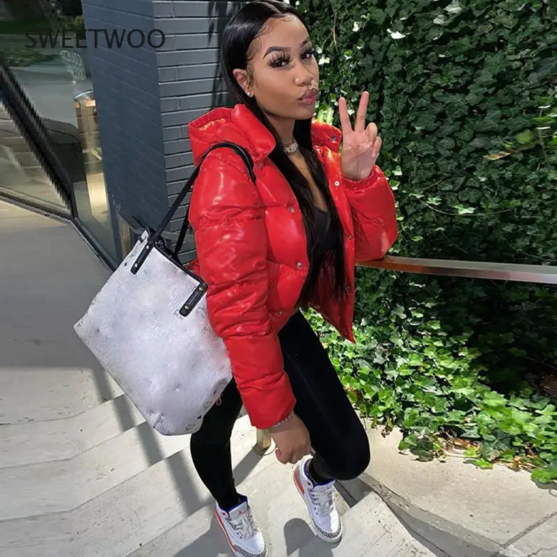 Cropped Puffer Jacket Winter Clothes Women 2021 Hooded Warm Parkas Fashion Sexy Short Black Thick Down Bubble Coats Korean Style
