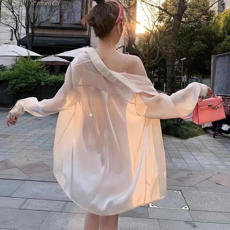 

Women's White Blouse Chiffon Loose Long Sleeve T-Shirts Oversize Bling Fashion Elegant 2021 Summer Thin Chic Pink