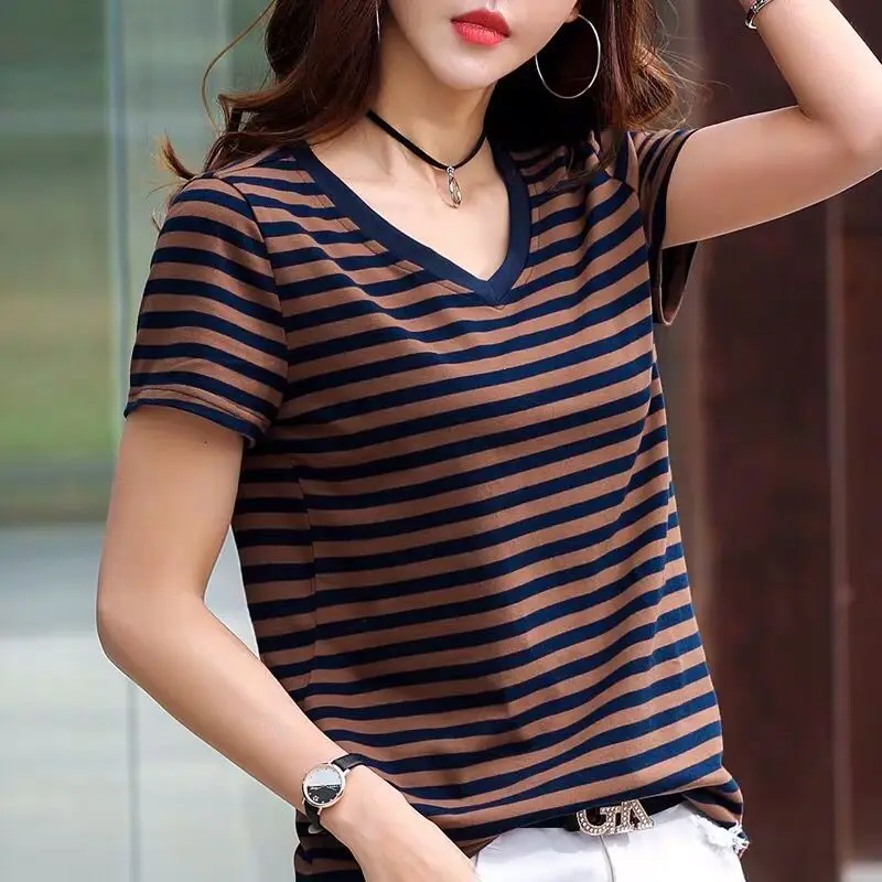 

Striped short sleeve T-shirt women 2020 summer new fattening plus size women's loose half sleeve cotton T-shirt