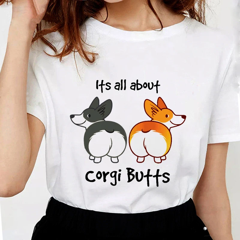 

Lus Los Butt Funny Corgi t shirts Printed women Soft Cotton t shirts cute Tops graphic tees female white tshirt Popular