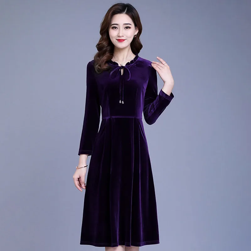 

New Fashion Autumn And Winter Gold Velvet Soft Dress Temperament Female Long Sleeves Were Thin Large Size Waist Dress