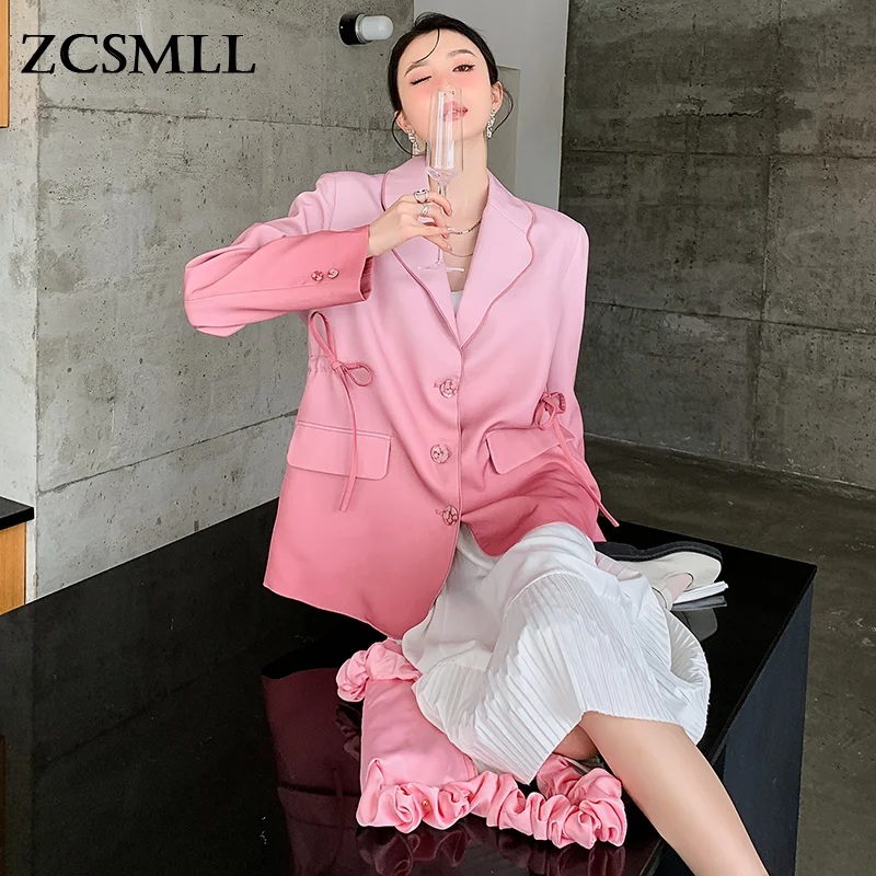

Женский свободный Блейзер ZCSMLL, асимметричный блейзер с градиентом и бантом, пальто с длинным рукавом и отложным воротником, весна-осень 2021