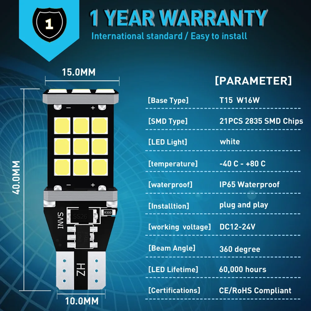 Лампы светодиодные задсветильник 2 шт. T15 1200 лм Canbus W16W 920 9212835SMD для Ford Fiesta Fusion Focus Mazda