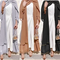 hot sell golden rim muslim abaya dress elegant pure color long muslim dresses women modest wear clothing ramadan eid robes f2973