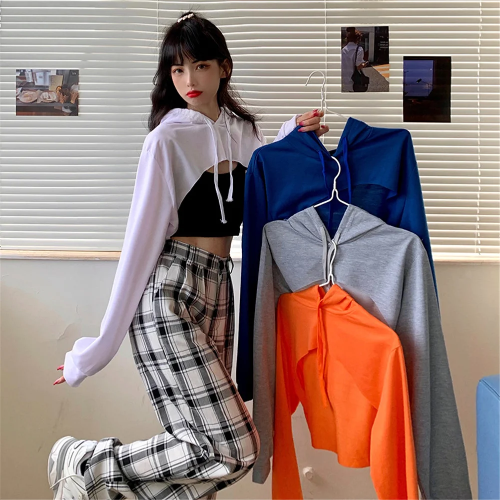 

Woman 2021 fashion Spring Hoodie Long Sleeves Hoodie Plain Exposed Navel Top K pop Short Street wear Ultra-Short Style Orange XL