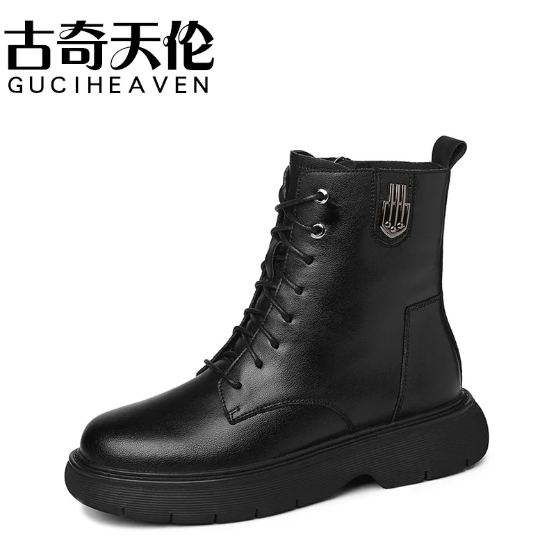 

Round toe platform Martin boots, metal decorative side zipper casual women's boots