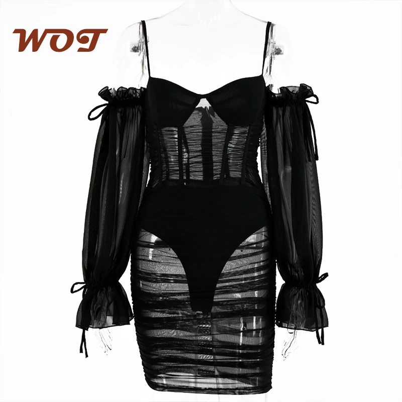 

2021 Spring New Women'S Sexy Lantern Long-Sleeved Dress Tube Top Halter See-Through Package Hip Skirt
