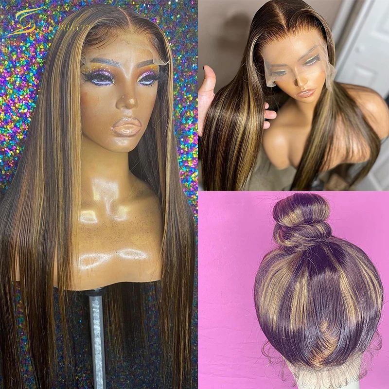 

Ombre Brown Blonde Wig 4x4 Lace Closure Frontal Wig HD Highlighted 13x4 Straight Lace Front Human Hair Wigs Pre Plucked Colored