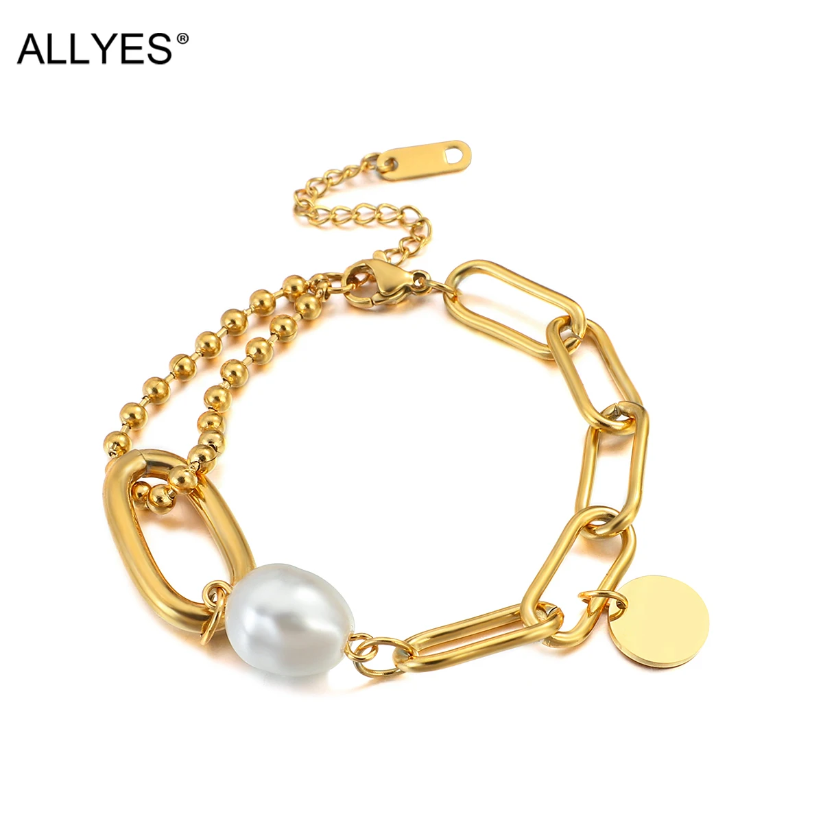 

ALLYES Pearl Charm Stainless Steel Chain Bracelets for Man Women Gold Color Beads Chains High Polish Female Jewelry Gifts