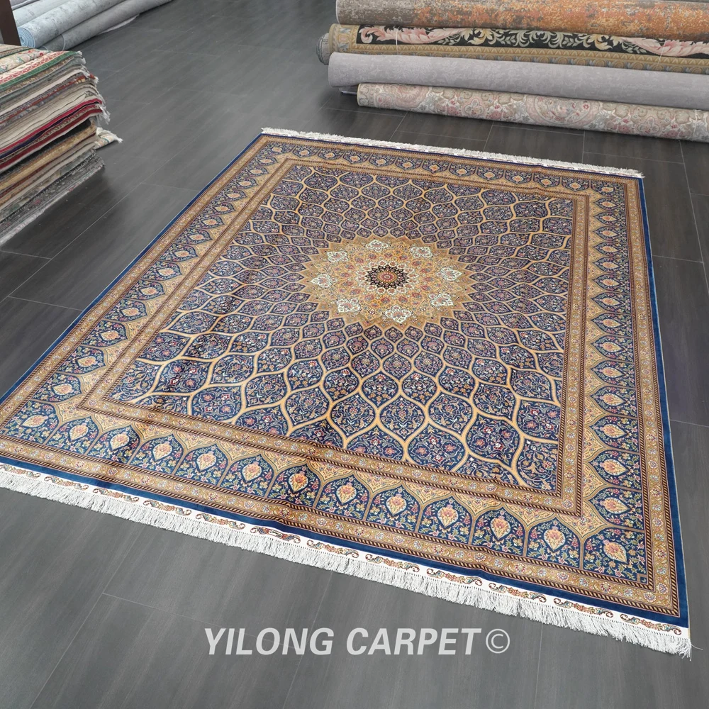 Yilong 8 'x 10' ручной работы Qum шелковый ковер Медальон цветочный синий вязки