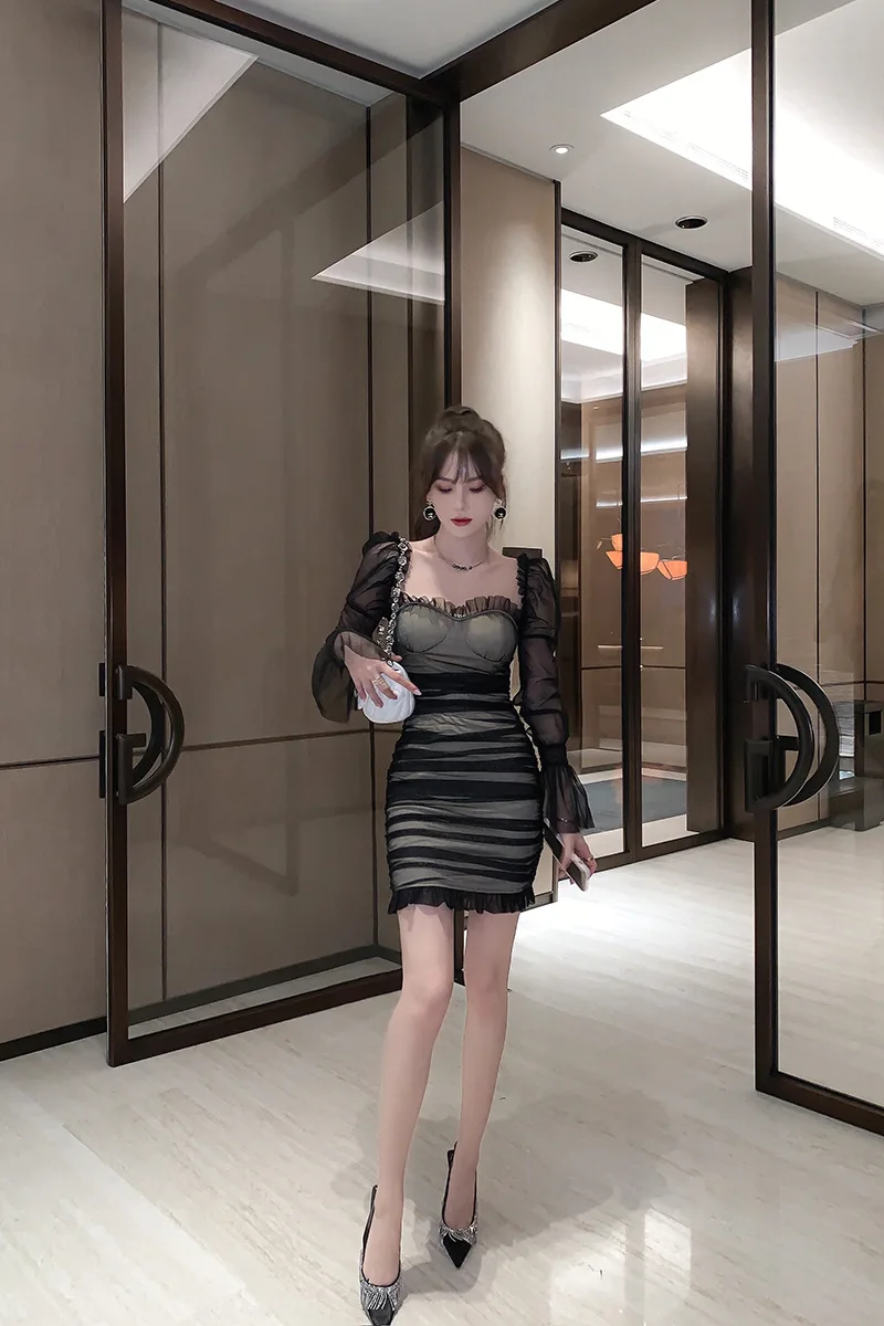 

2020 autumn new European and American temperament puff sleeve mesh pleated hip slim dress Office Lady Sheath Knee-Length