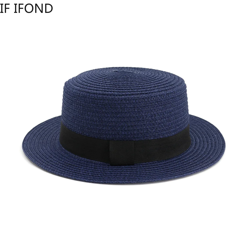 Handmade Summer Sun Hat Raffia Straw black Ribbon Cap Casual Temperament Flat hat | Hats