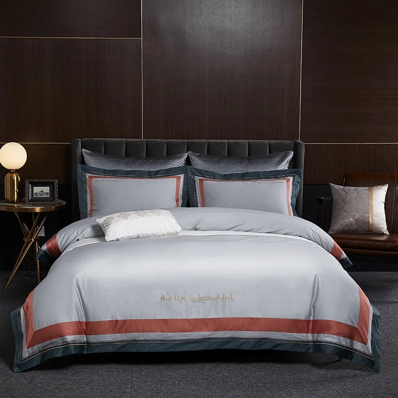 

Luxury Hotel 100% Egyptian Cotton Bedding Set US King Queen Size Golden Embroidery Super Soft Bed Sheet Set Fitted Cover Duvet