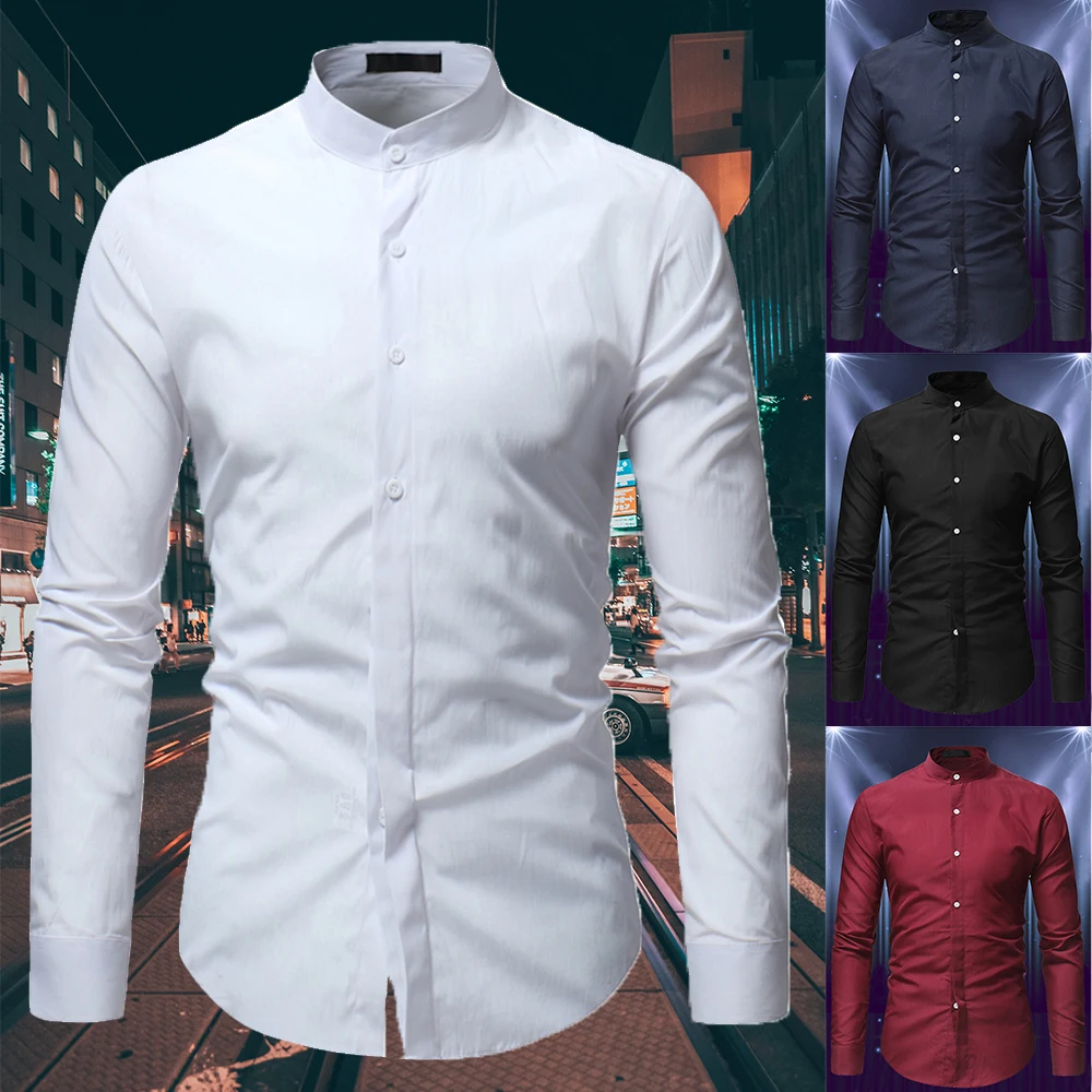 

Men's Business Shirts Solid Color Long-sleeved Simple Shirts Long-sleeved Stand-up Collar Formal Shirts
