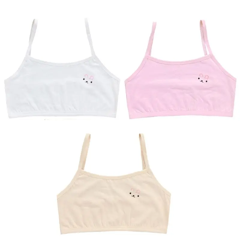 

Teenage Puberty Girls Solid Color Double Layer Underwear Bra Spaghetti Strap Cute Cartoon Rabbit Bralette Summer Basic Crop Top