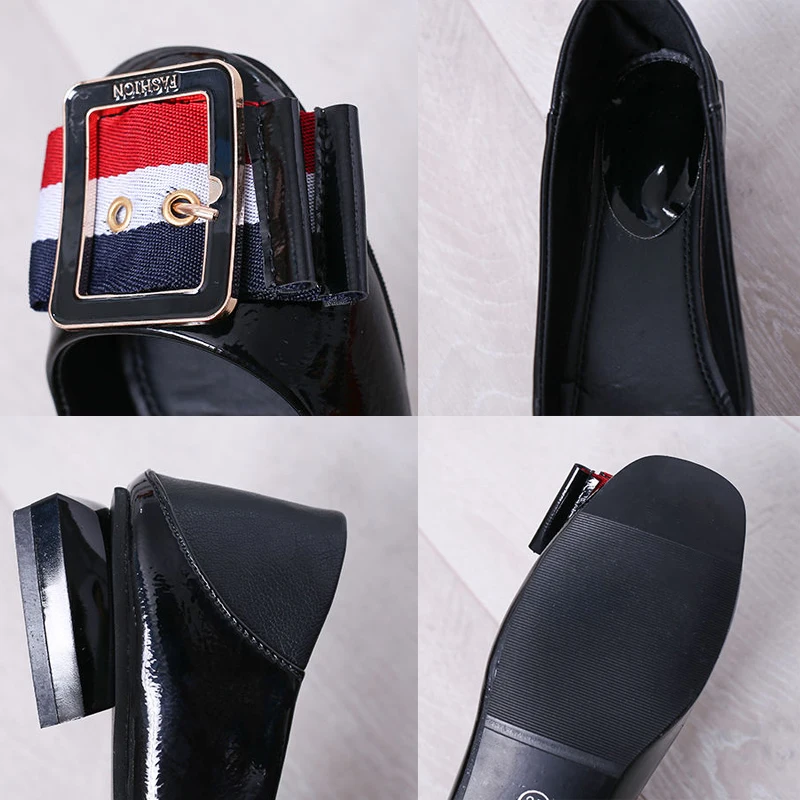 

PU Leather Metal Decoration Buckle Strap Shallow Soft Bottom Boat Shoes Fashion Comfortable Fretwork Heels Retro Women Shoes