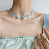 2021 korea new mint blue crystal flower beaded necklace sweet wild slightly flashing clavicle chain summer salt girl necklace