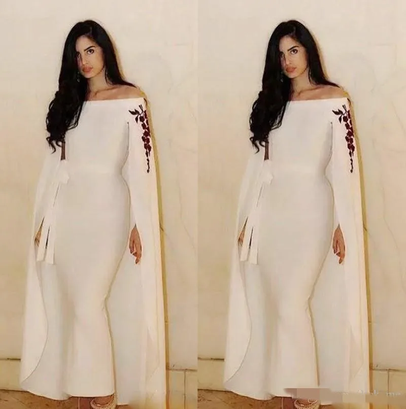 

Saudi Arabic Mermaid Evening Dresses With Cape/Wraps Sash Ribbon Ankle Length Prom Dress Custom Off The Shoulder prom dresses