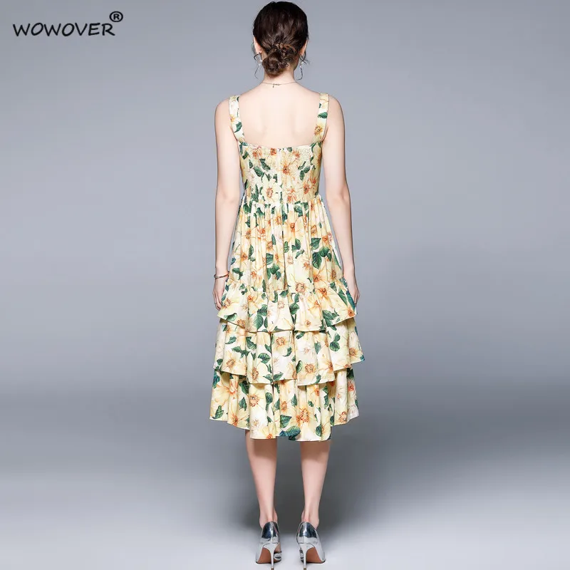 

Women Runway Fashion Spaghetti Strap Floral Summer Dress Cascading Ruffles Print Midi Holiday Robe Femme Designer Party Vestidos