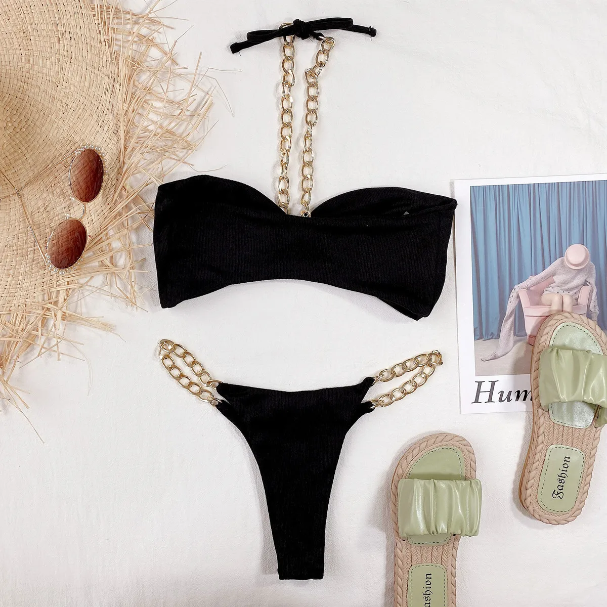 

Sexy Chain Halter Swimsuit Bikini Bra + Short Pants Swimwear Beach Clothes For Women Outfit Solid Color