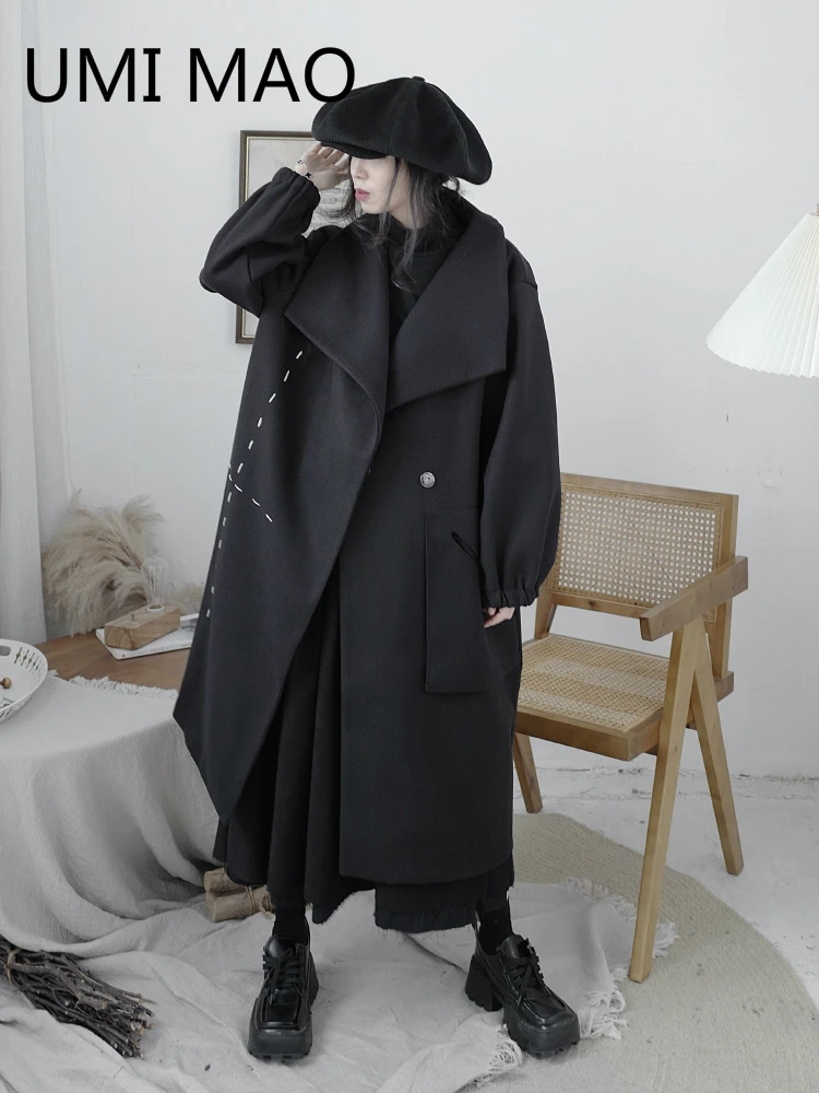 

Женское шерстяное пальто UMI MAO, свободная шерстяная ветровка средней длины темно-черного цвета в стиле Ямамото на весну и осень