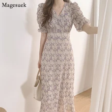 2021 Summer Dress Women Elegant Vintage Floral Casual Long Dress Female V-neck Short Sleeve Casual P