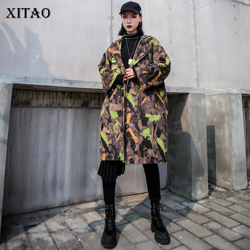 XITAO, прямой Тренч с буквенным принтом, женская одежда, осень, с одним нагрудным карманом, с широкой талией, с отложным воротником, Свободное пальто, GCC2385