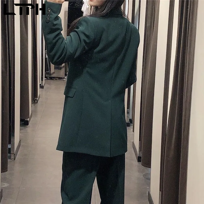 LTPH-Conjunto de 2 piezas de Blazer y pantalones de cintura alta para mujer, conjunto informal de negocios, color verde oscuro, para oficina, primavera, 2021