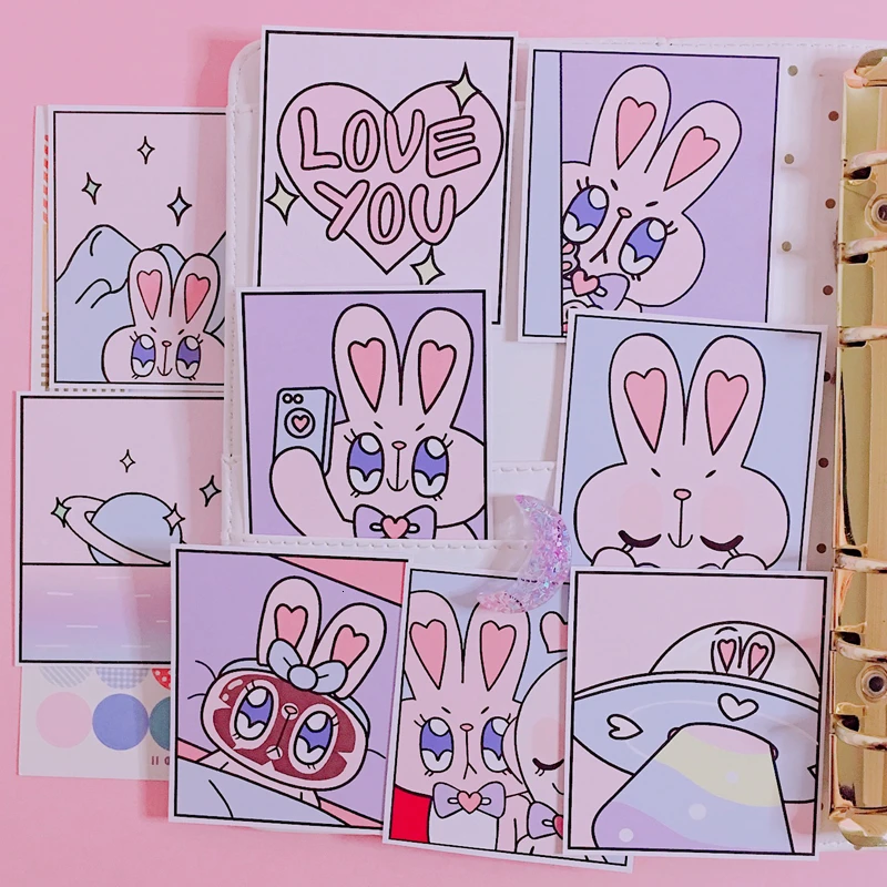 9 Pcs/pack Cute Pink Rabbit Gradient Sticker Mobile Phone Album Diary Handbook Cartoon Decoration Fun Sticker Scrapbooking