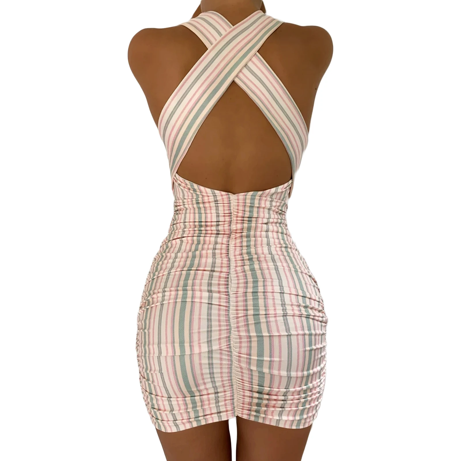 

Women\u2019s Summer Sexy V-neck Halter Short Dress Backless Fashion Solid Color Striped Pleated Slim Fit Dresses