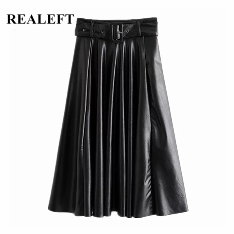 REALEFT Женская шикарная однотонная Юбка миди из искусственной кожи ремень с бантом