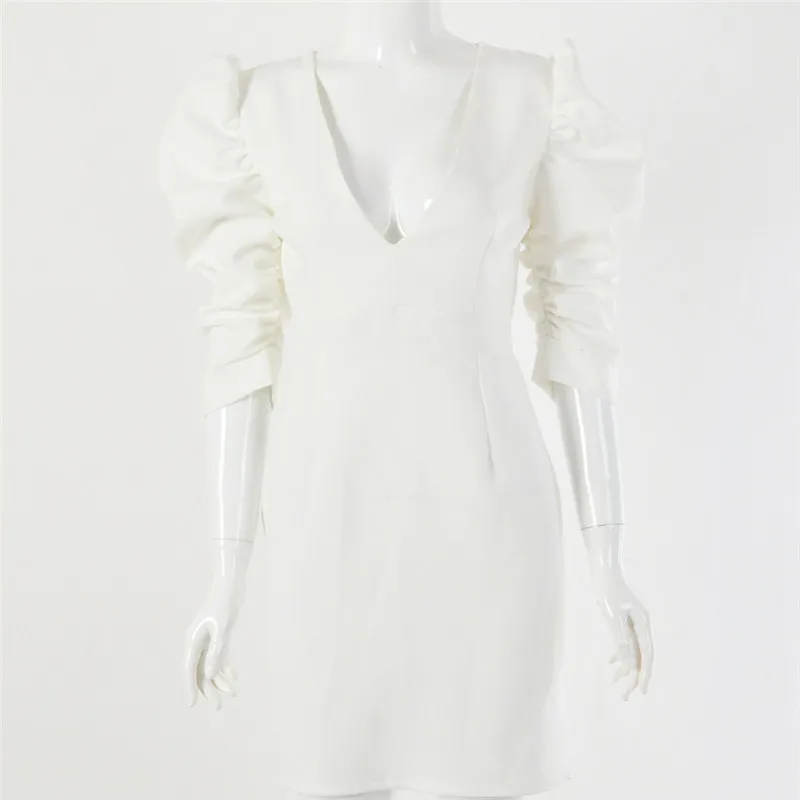 

2021 Elegant Party Women Dress White Fashion Sheath Deep V-neck Puff Sleeve Backless Dresses Women Streetwear Female Vestidos