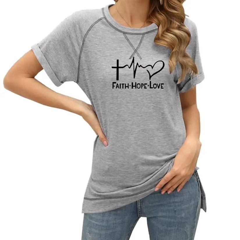 

New Arrival T-Shirt For Women Jesus Faith Letters Print Colorblock Crossover Loose Top With Short Sleeves T-Shirt Female Tops