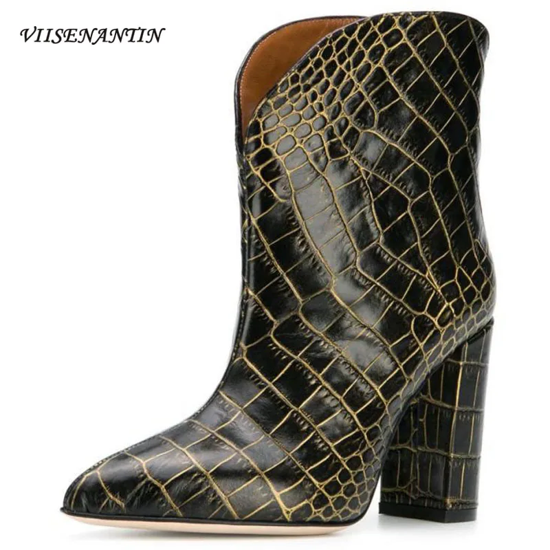 

2020 Fashion Basic Pointed Toe Square Heel Ankle Boots Genuine Leather Slip-on Women Shoes