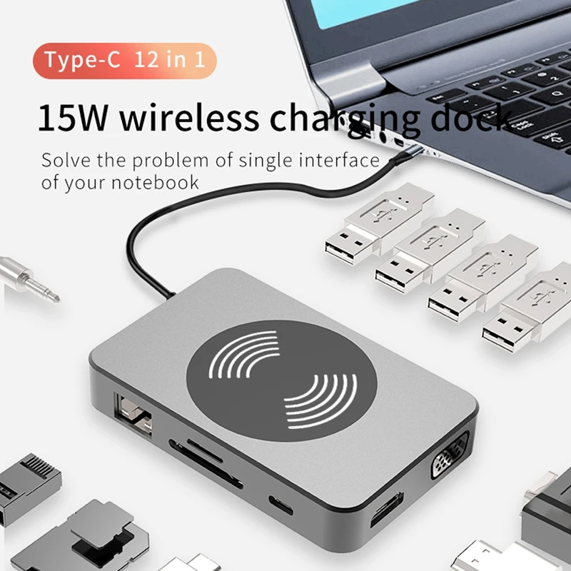 

USB C Hub 15W Wireless Charging 12 in 1 Type C Dock Station RJ45+TF+PD3.0+USB3.0+HDMI-Compatible+VGA Splitter